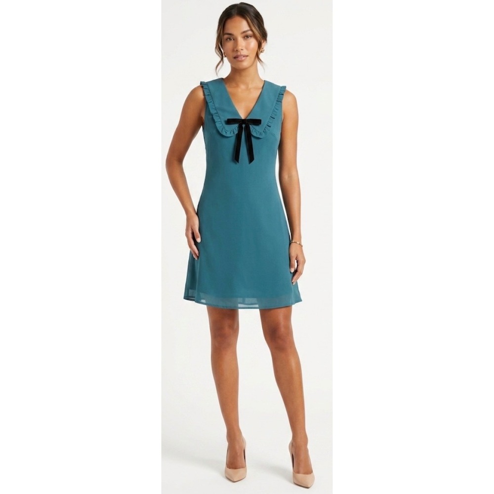 Le Lis Collection Teal Blue Ruffle Collar‎ Velvet Bow Sleeveless Shift Dress S